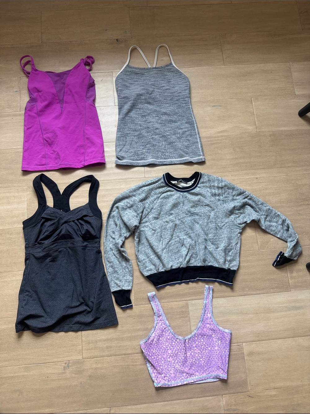 Lot of 5: Lululemon,Athleta, Teeki, tank tops, bra, sports top, cropped sweater